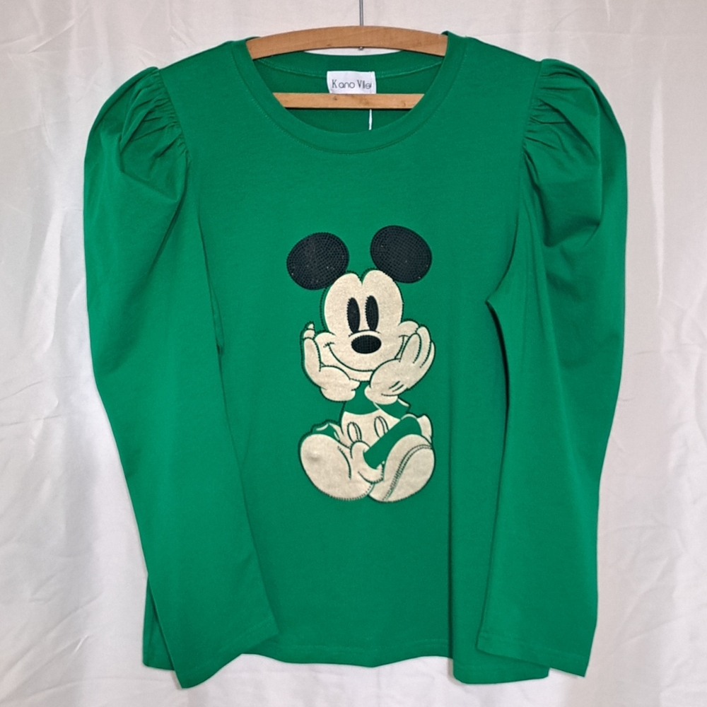 Unique Green Poof Long Sleeve Shirt Blinged out Mickey Mouse Small (Juniors)